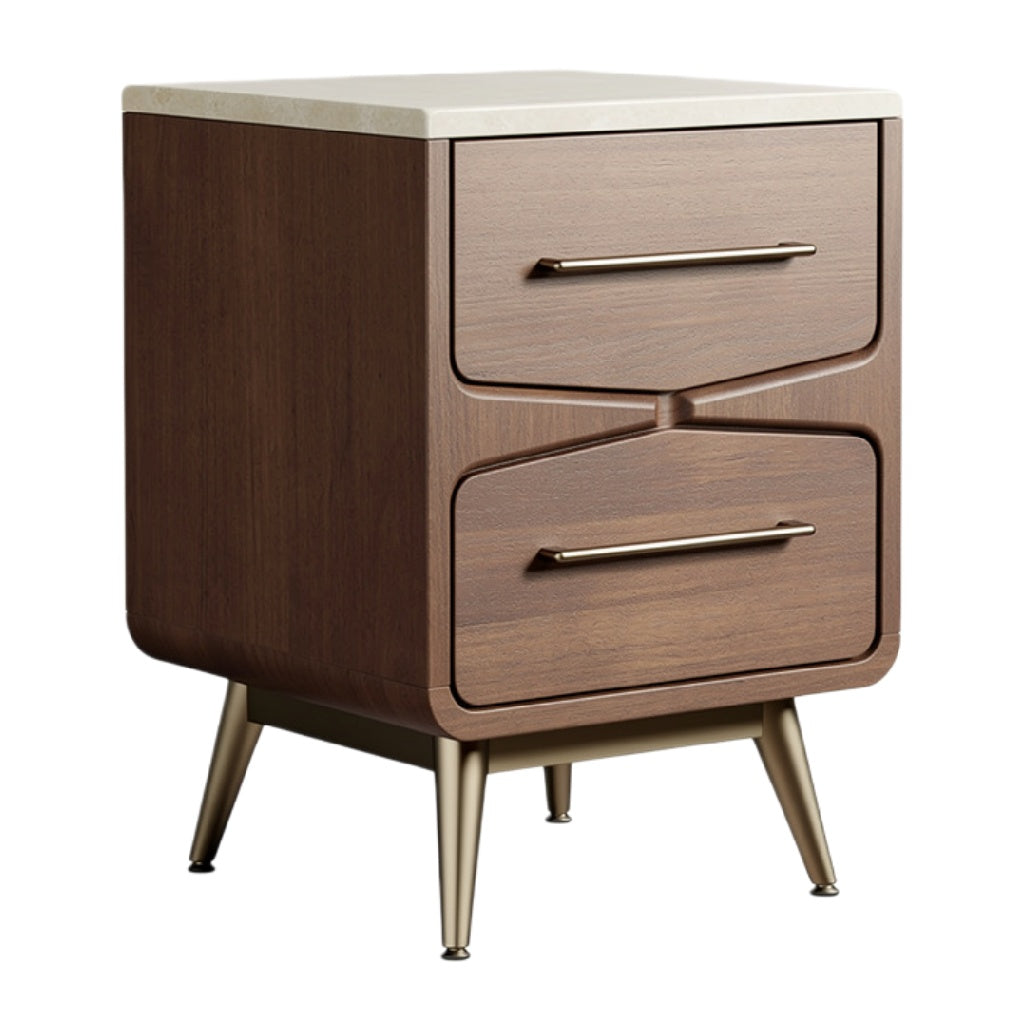 Moderne nachtkast met twee lades en een marmeren top.