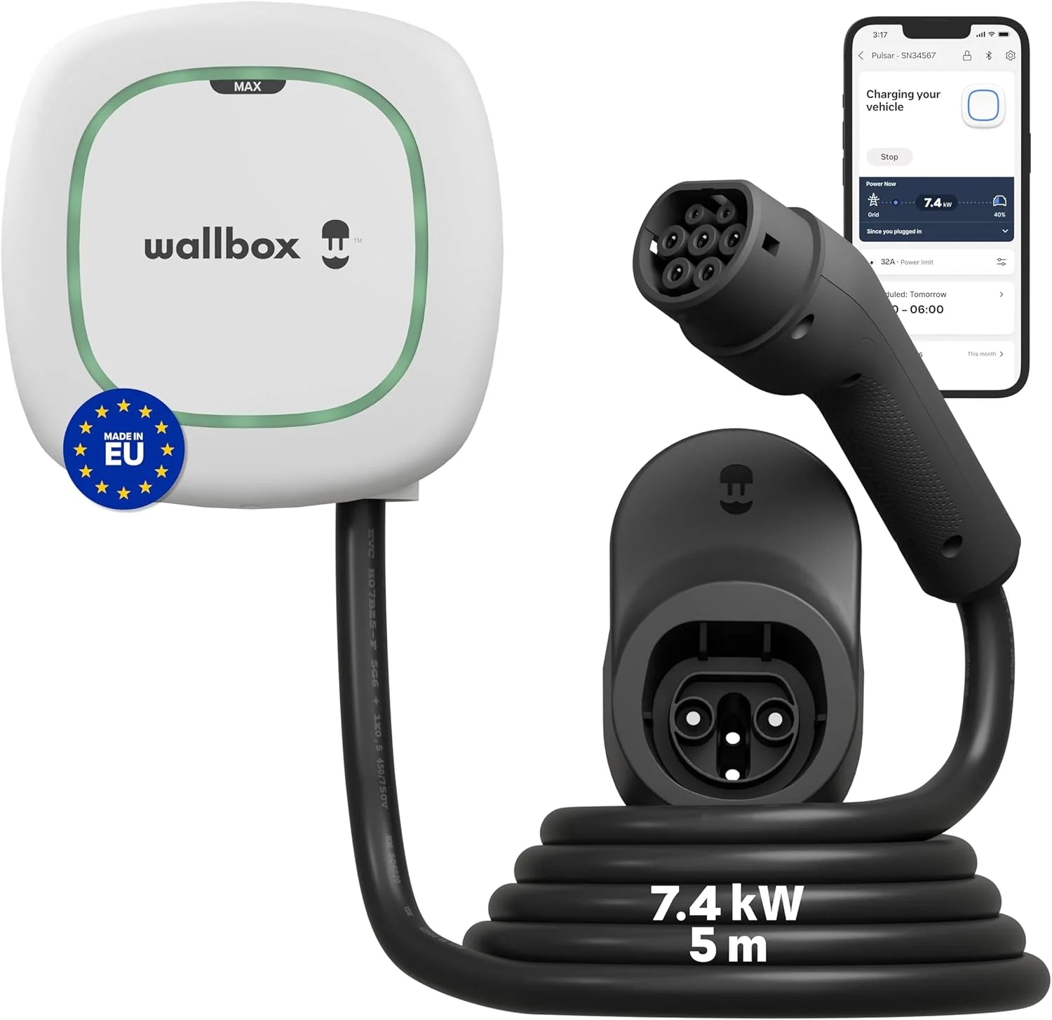 Wallbox Pulsar Max oplader voor elektrische voertuigen (7,4 kW, type 2, WLAN, Bluetooth, OCPP, indoor/outdoor, 5 m, eenvoudige installatie) wit