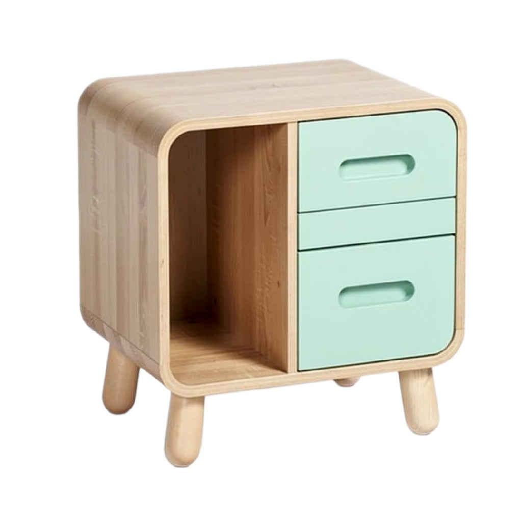 Moderne Houten Nachttafel met Groen Plastic Lades